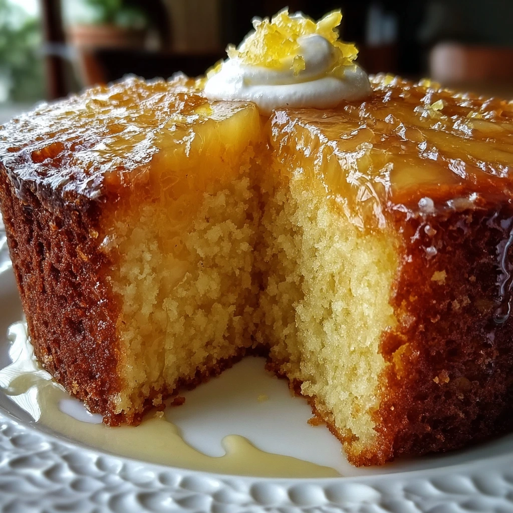 Moist pineapple juice cake drizzled with golden glaze on a white plate.