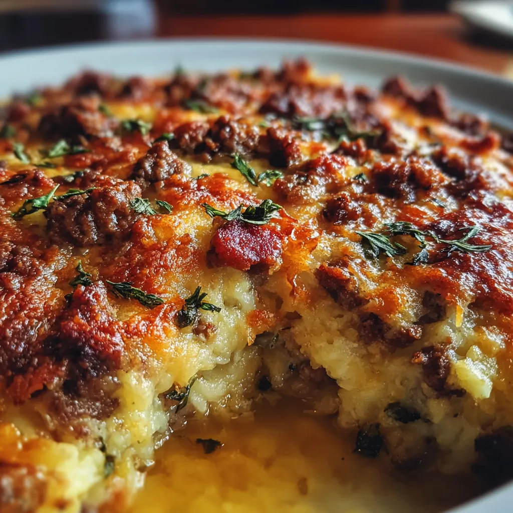 A golden-brown baked casserole dish filled with cheesy noodles and beef, garnished with fresh parsley.