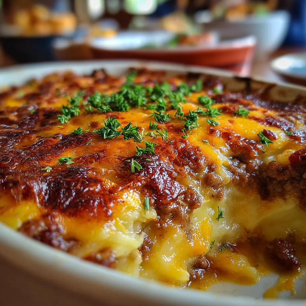 A golden-brown baked casserole dish filled with cheesy noodles and beef, garnished with fresh parsley.