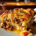 A golden-brown baked casserole dish filled with cheesy noodles and beef, garnished with fresh parsley.