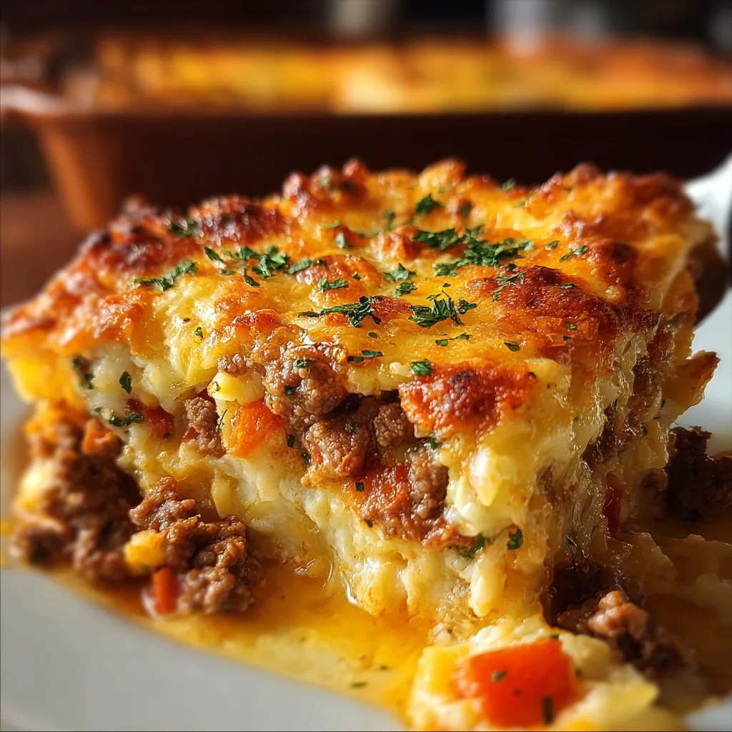 A golden-brown baked casserole dish filled with cheesy noodles and beef, garnished with fresh parsley.