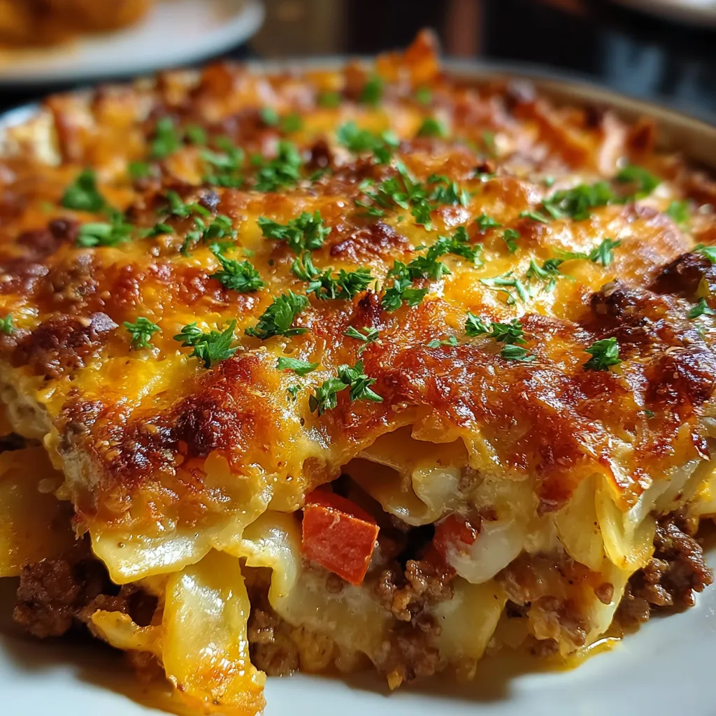 A golden-brown baked casserole dish filled with cheesy noodles and beef, garnished with fresh parsley.