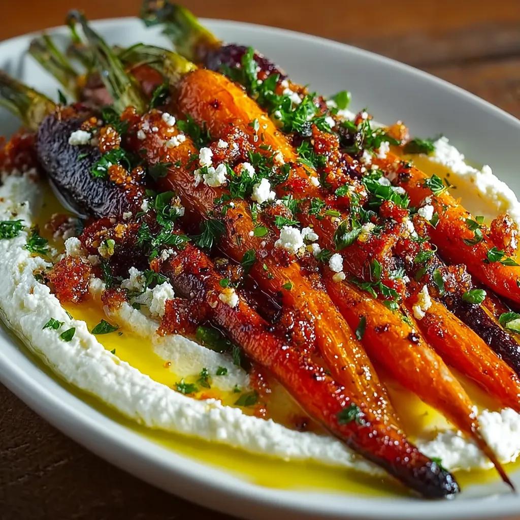 Roasted carrots layered over whipped ricotta, drizzled with hot honey and garnished with fresh thyme on a rustic platter.
