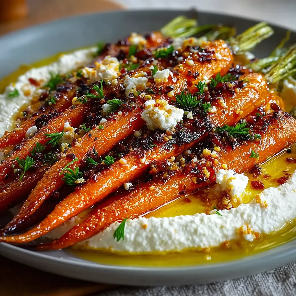 Roasted carrots layered over whipped ricotta, drizzled with hot honey and garnished with fresh thyme on a rustic platter.