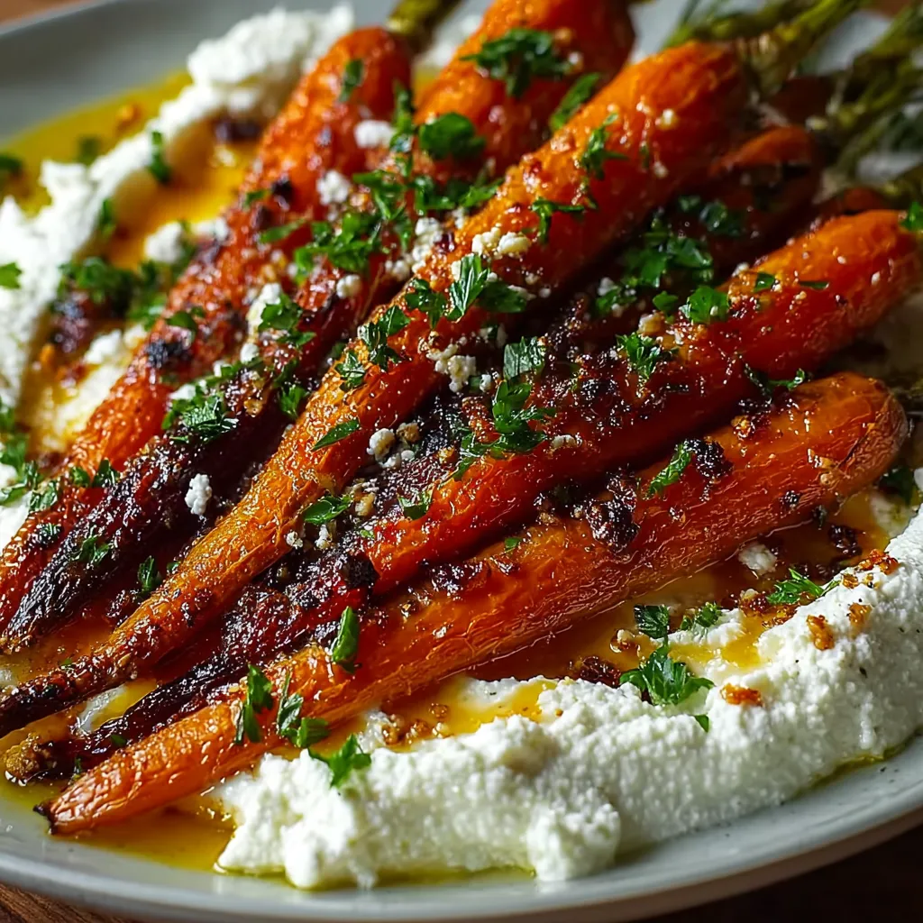 Roasted carrots layered over whipped ricotta, drizzled with hot honey and garnished with fresh thyme on a rustic platter.