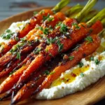 Roasted carrots layered over whipped ricotta, drizzled with hot honey and garnished with fresh thyme on a rustic platter.