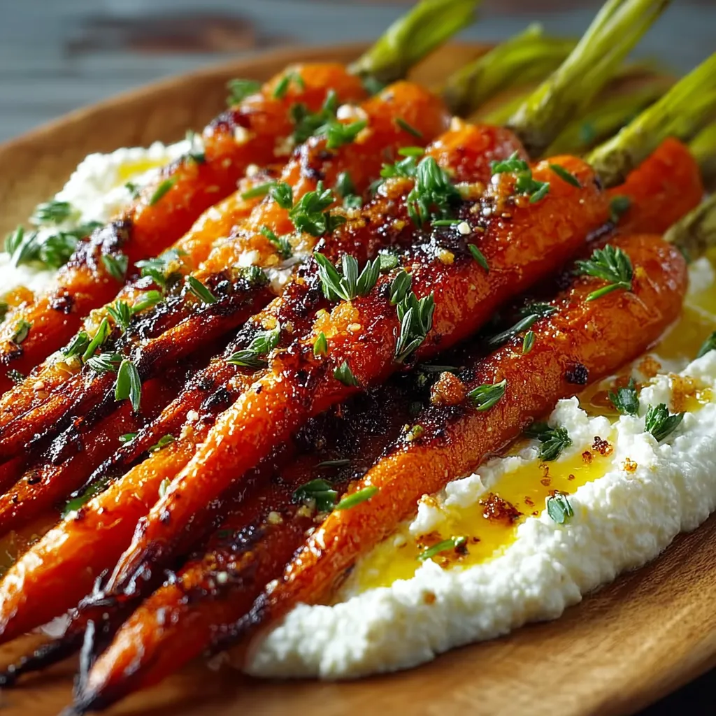 Roasted carrots layered over whipped ricotta, drizzled with hot honey and garnished with fresh thyme on a rustic platter.