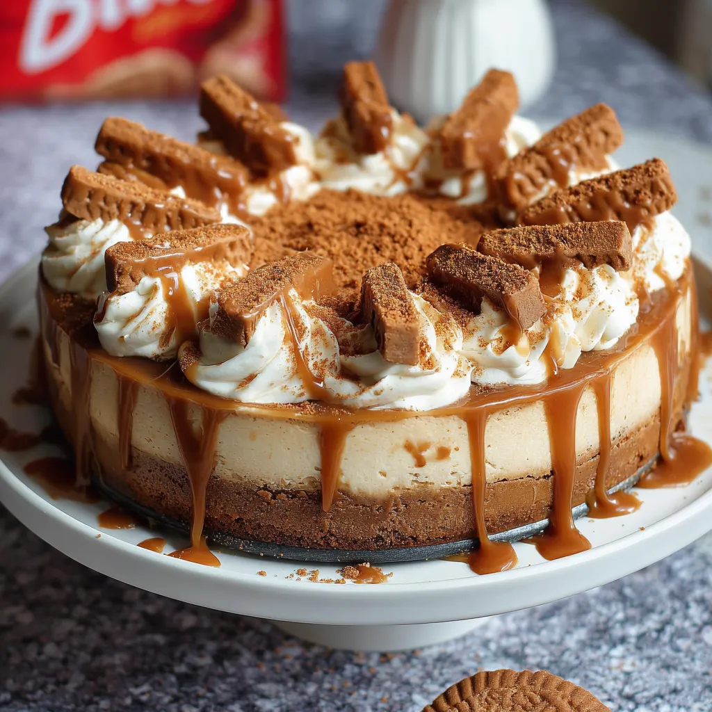 Slice of Salted Caramel Biscoff Cheesecake topped with whipped cream and caramel drizzle
