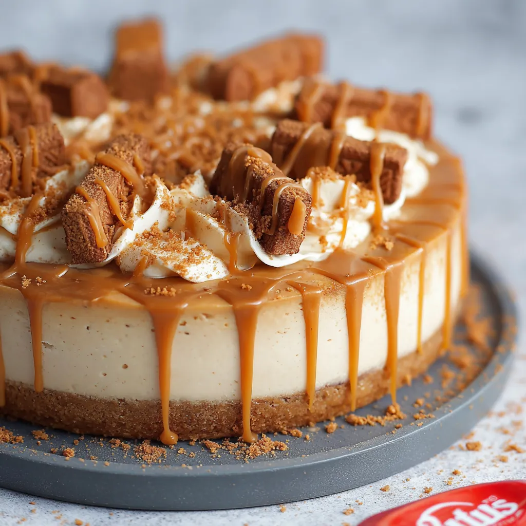 Slice of Salted Caramel Biscoff Cheesecake topped with whipped cream and caramel drizzle