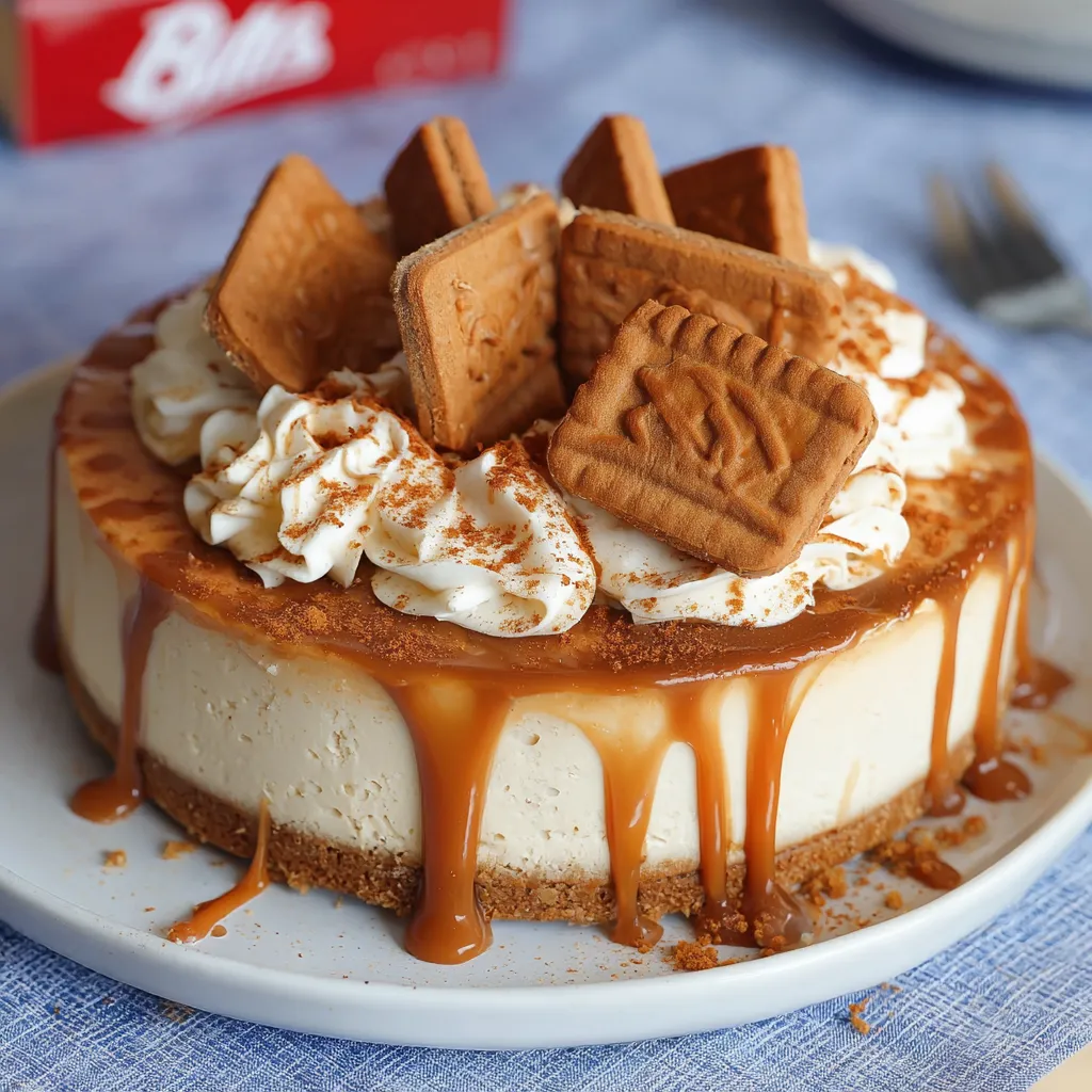 Slice of Salted Caramel Biscoff Cheesecake topped with whipped cream and caramel drizzle