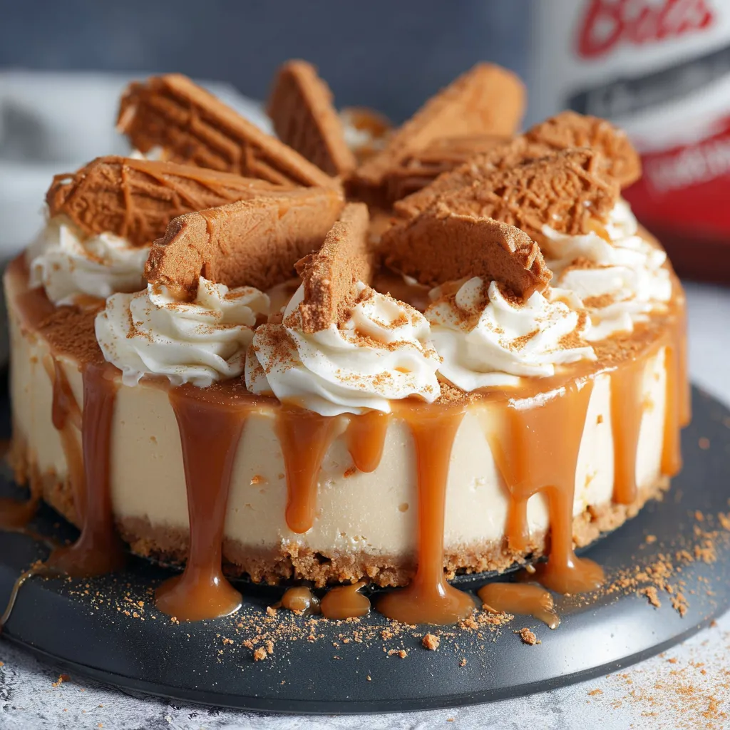 Slice of Salted Caramel Biscoff Cheesecake topped with whipped cream and caramel drizzle