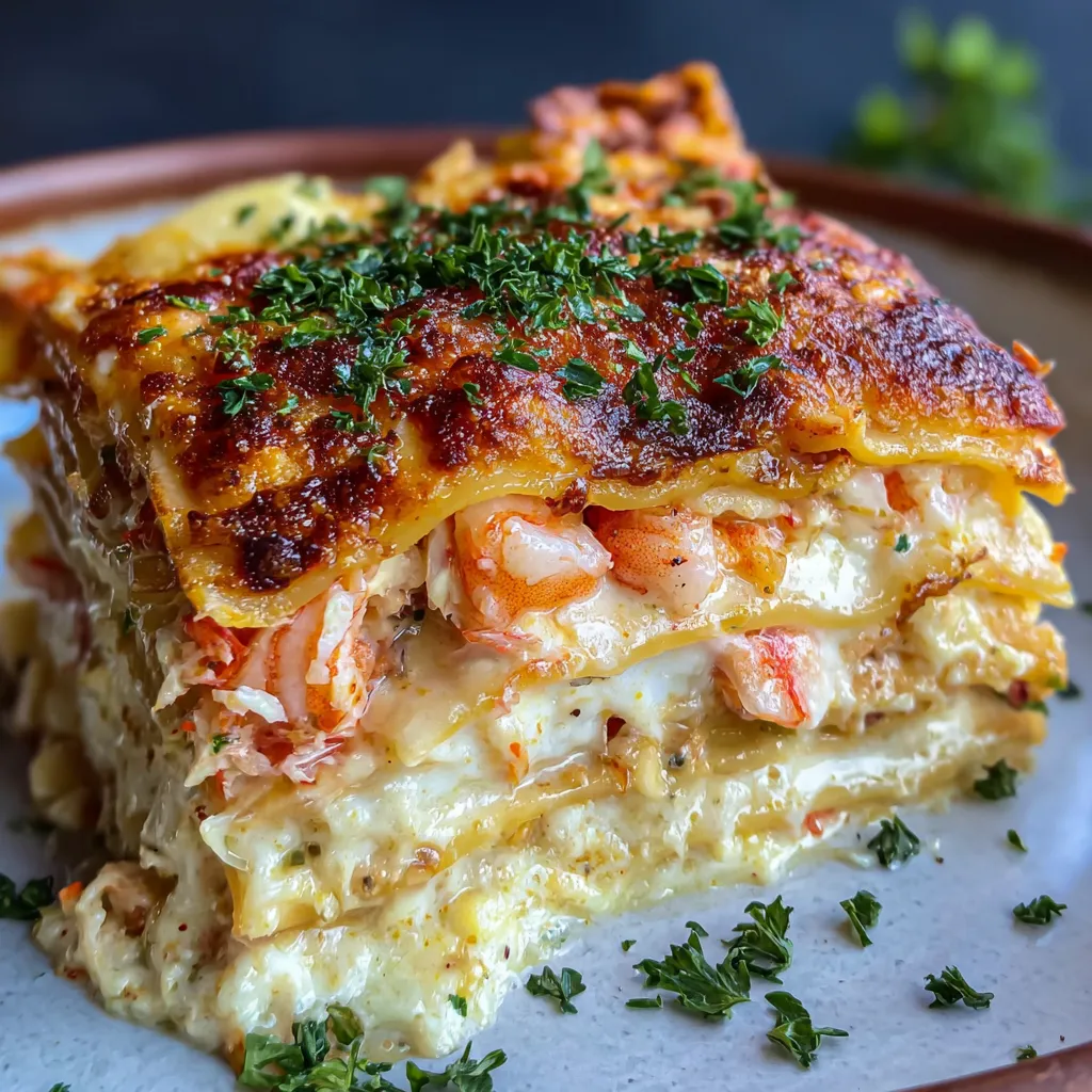 Seafood lasagna slice with creamy béchamel, shrimp, and crab, garnished with parsley and lemon zest.