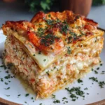 Seafood lasagna slice with creamy béchamel, shrimp, and crab, garnished with parsley and lemon zest.