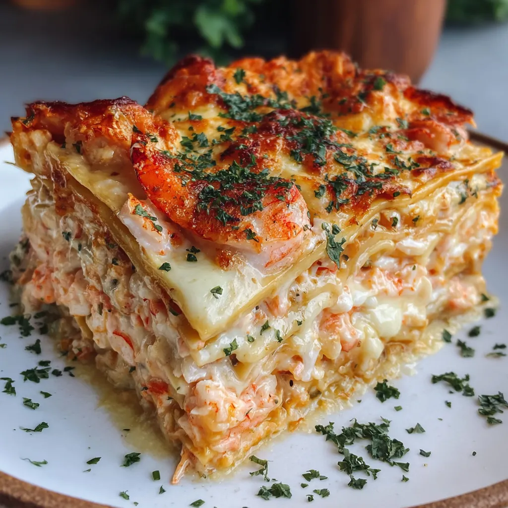 Seafood lasagna slice with creamy béchamel, shrimp, and crab, garnished with parsley and lemon zest.