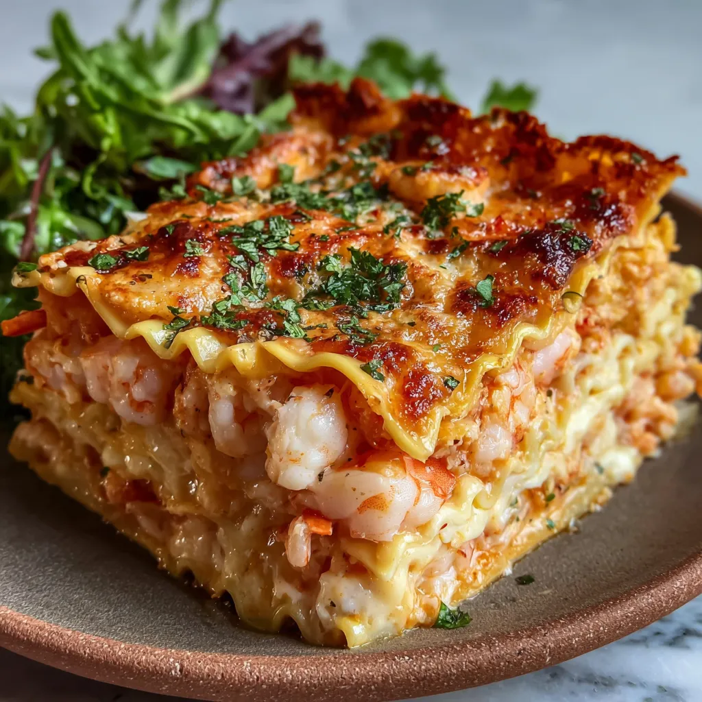 Seafood lasagna slice with creamy béchamel, shrimp, and crab, garnished with parsley and lemon zest.