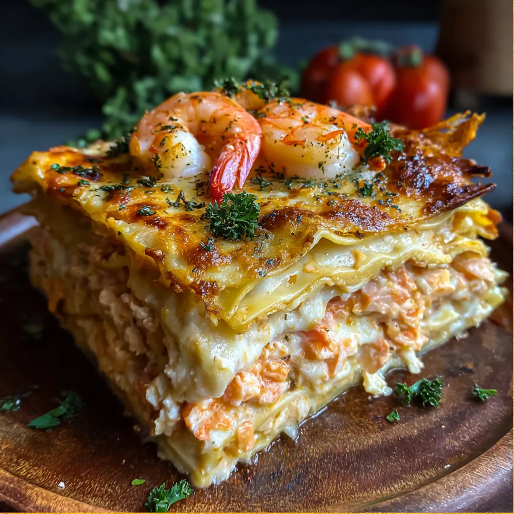 Seafood lasagna slice with creamy béchamel, shrimp, and crab, garnished with parsley and lemon zest.