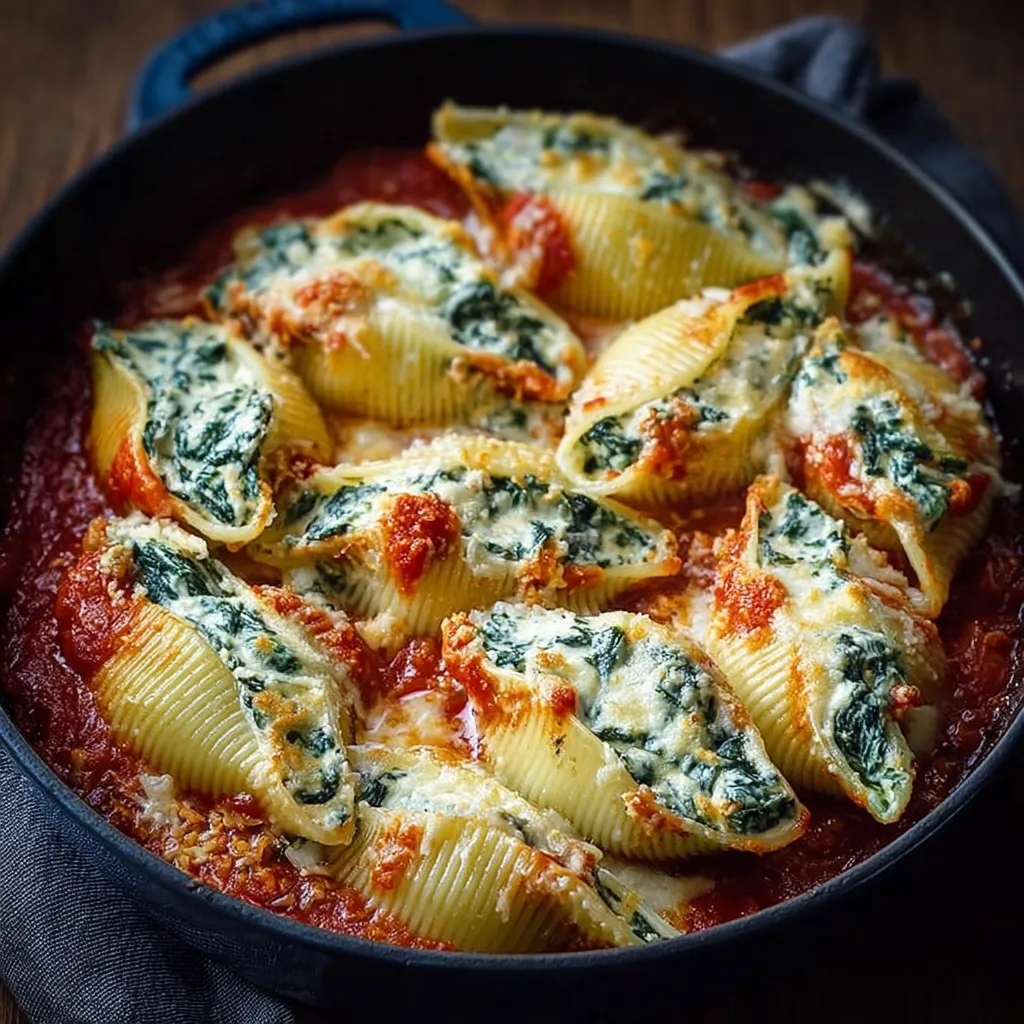 Spinach and ricotta stuffed pasta shells in a baking dish with melted mozzarella and marinara sauce