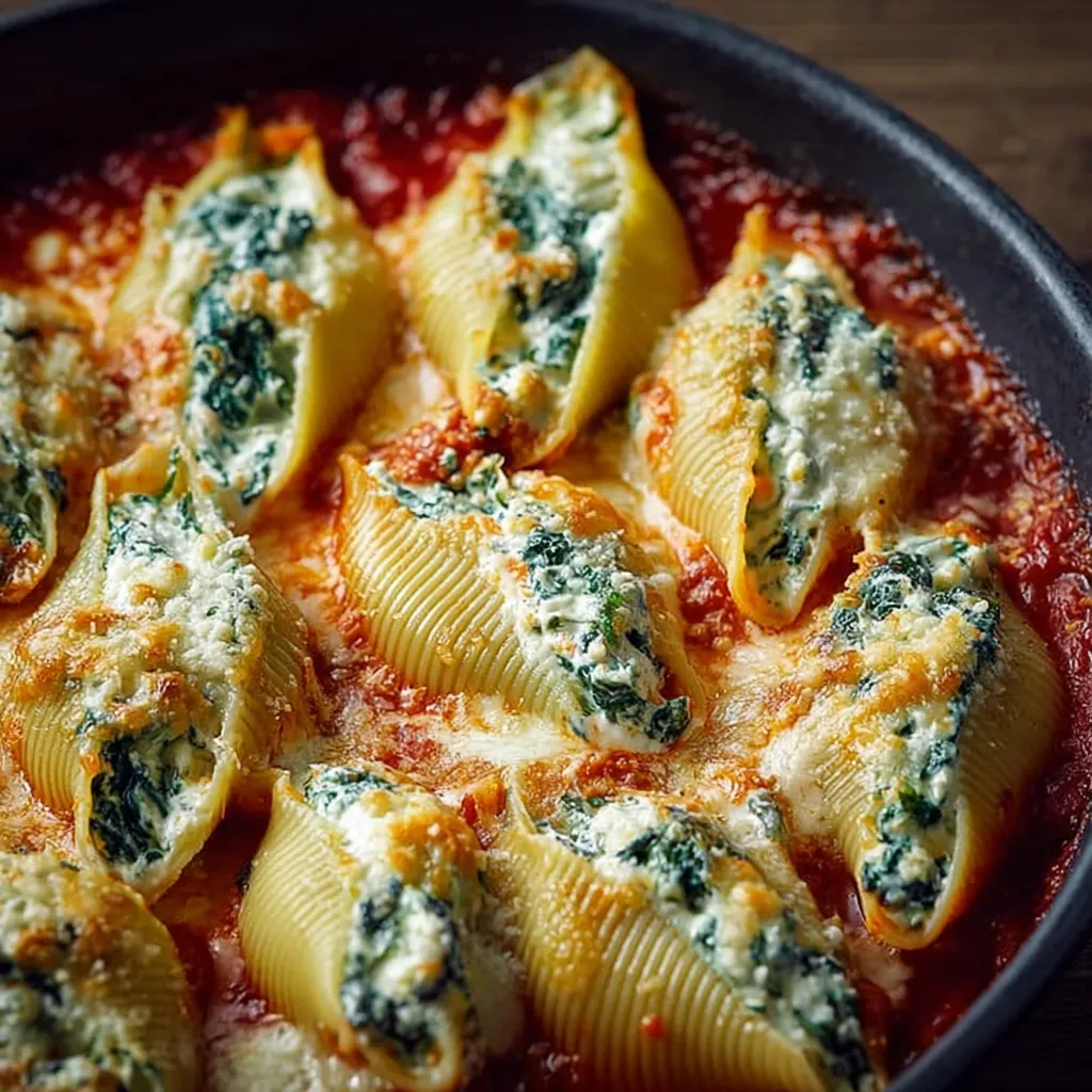 Spinach and ricotta stuffed pasta shells in a baking dish with melted mozzarella and marinara sauce