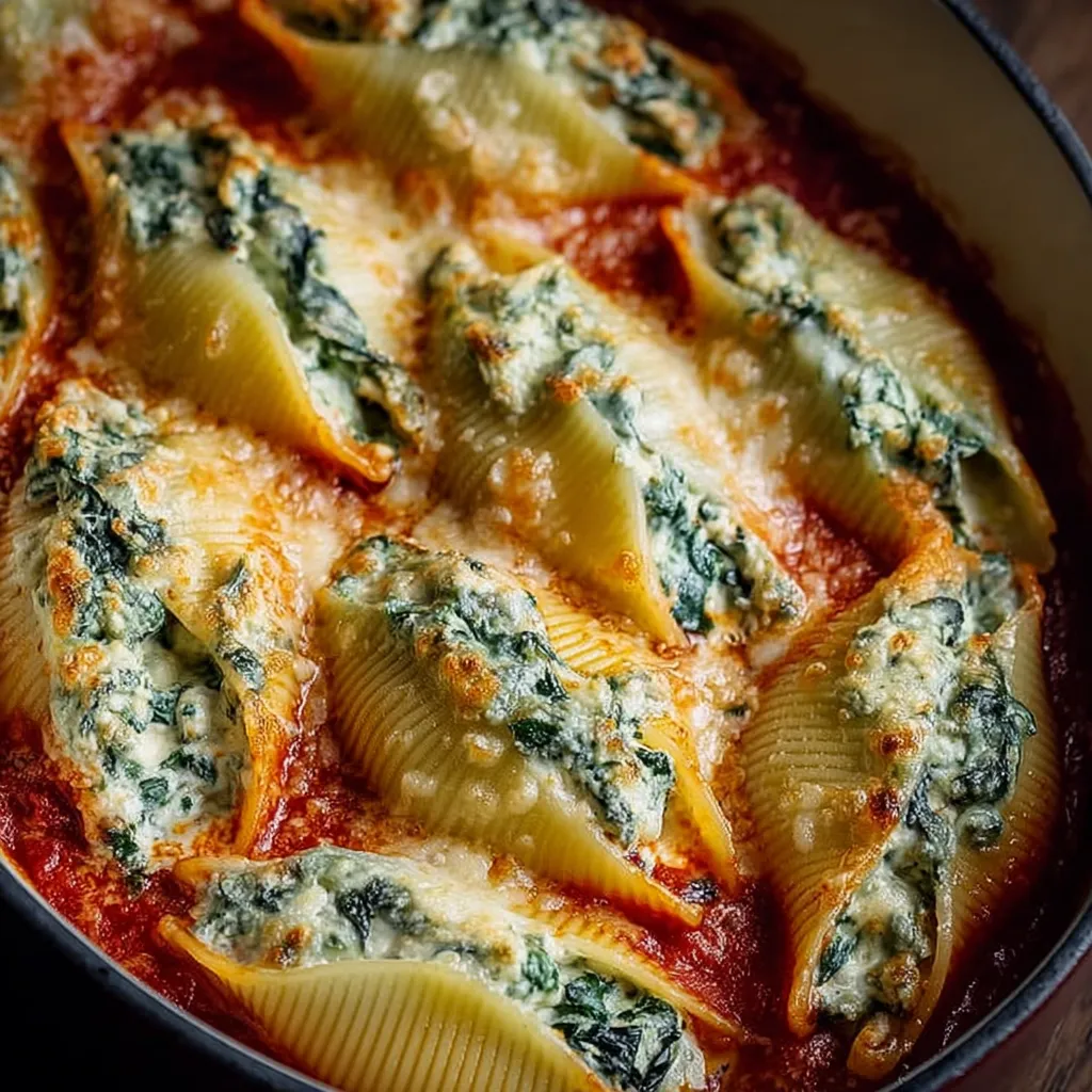 Spinach and ricotta stuffed pasta shells in a baking dish with melted mozzarella and marinara sauce