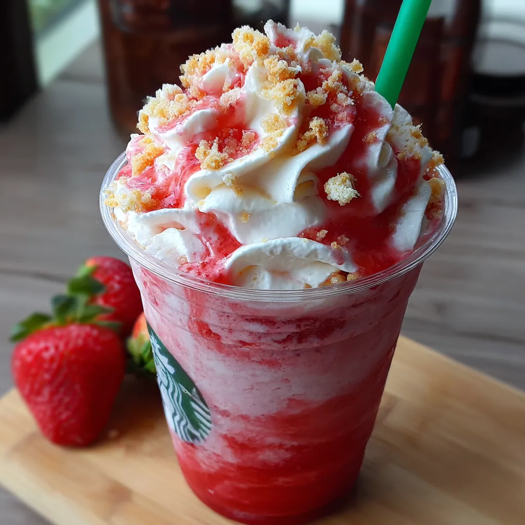 Starbucks Strawberry Shortcake Frappuccino with whipped cream, cookie crumbles, and strawberry drizzle in a glass