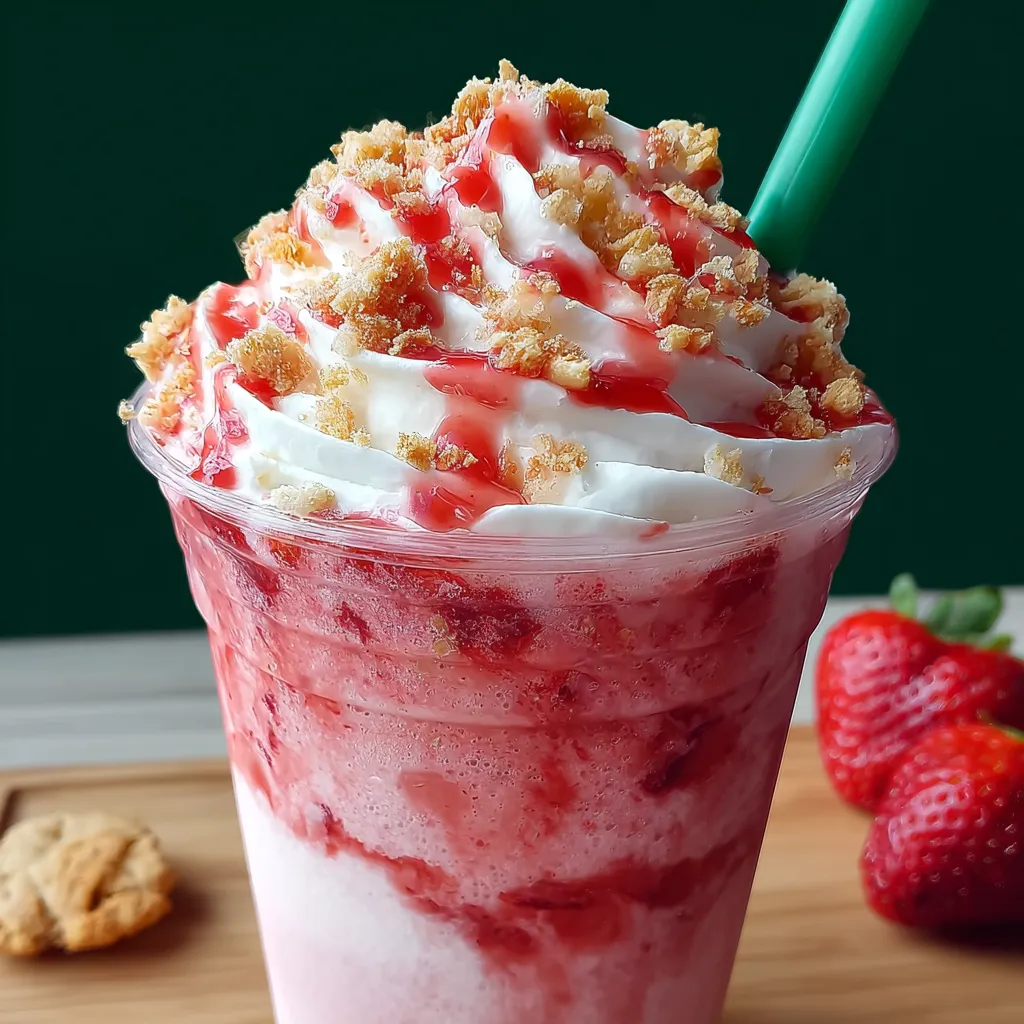 Starbucks Strawberry Shortcake Frappuccino with whipped cream, cookie crumbles, and strawberry drizzle in a glass