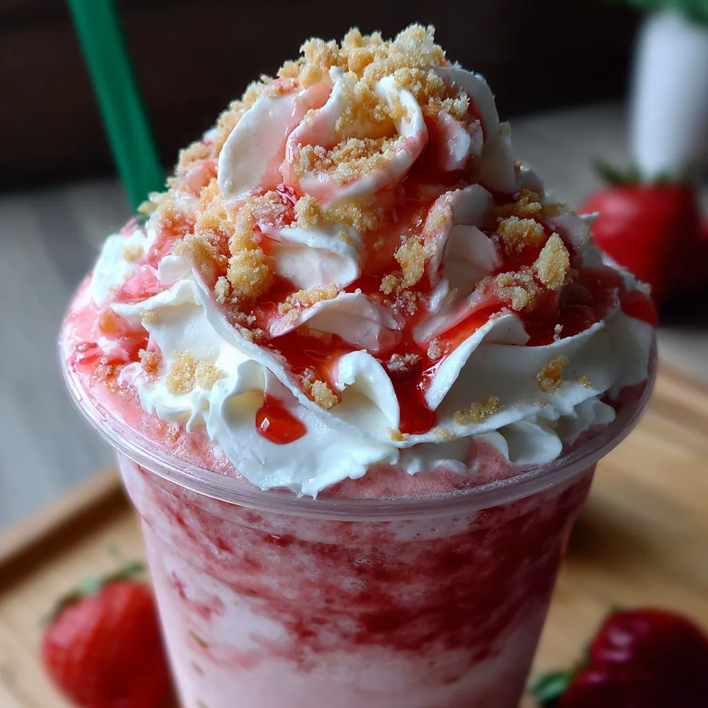 Starbucks Strawberry Shortcake Frappuccino with whipped cream, cookie crumbles, and strawberry drizzle in a glass