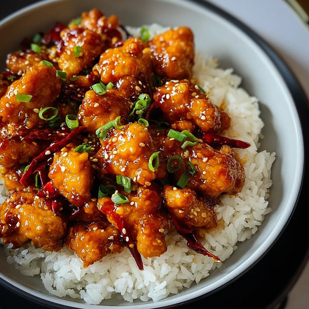 Sweet chili chicken served over jasmine rice, topped with green onions and sesame seeds.