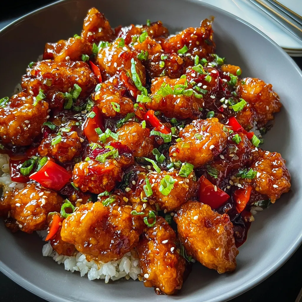 Sweet chili chicken served over jasmine rice, topped with green onions and sesame seeds.