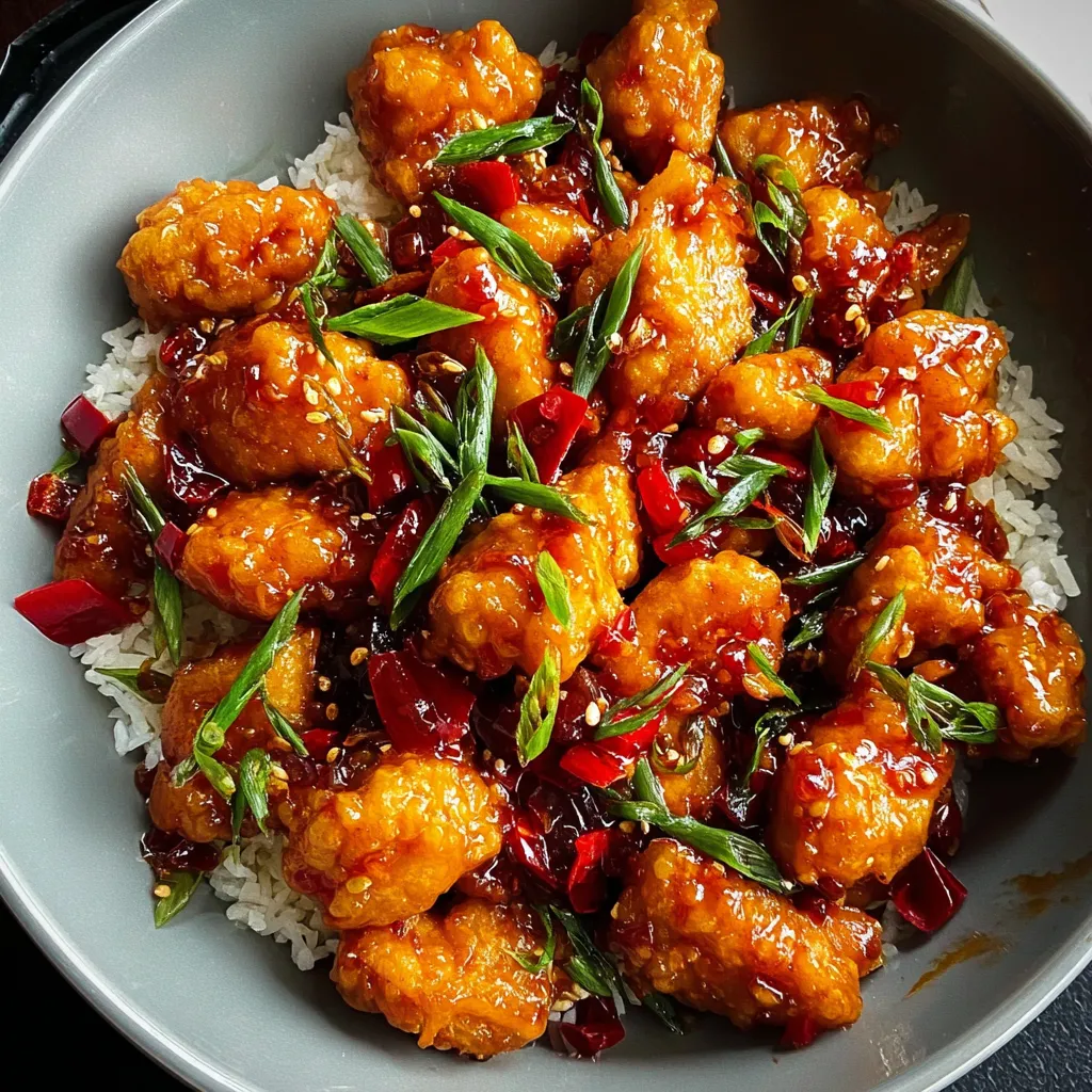 Sweet chili chicken served over jasmine rice, topped with green onions and sesame seeds.