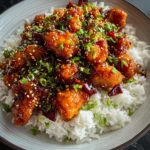Sweet chili chicken served over jasmine rice, topped with green onions and sesame seeds.