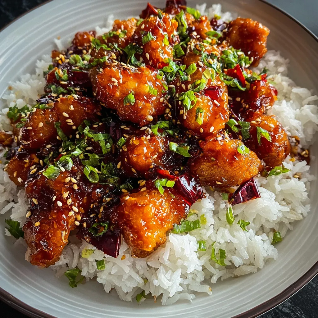 Sweet chili chicken served over jasmine rice, topped with green onions and sesame seeds.