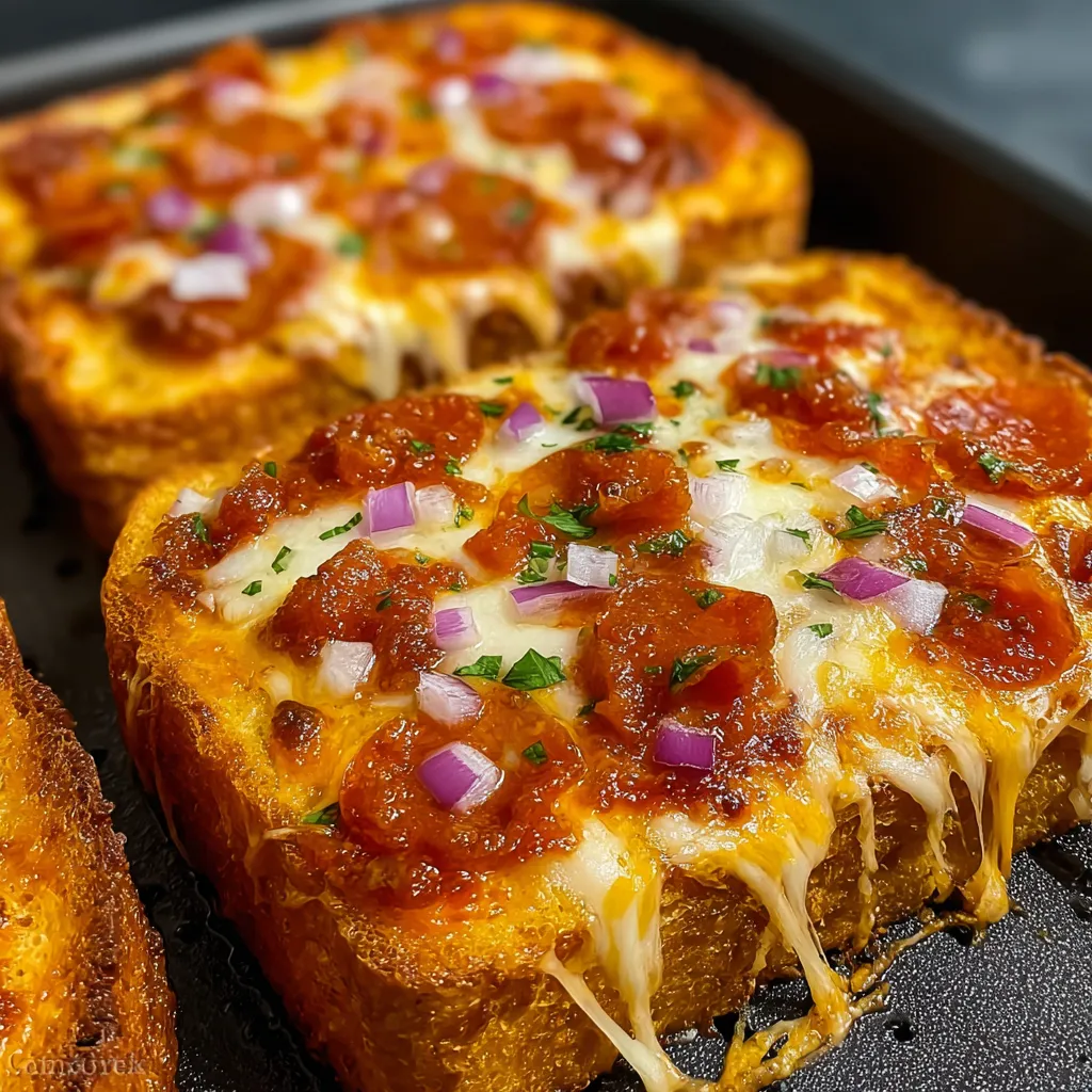 Air fryer Texas toast pizza topped with melted mozzarella, pepperoni, and fresh basil