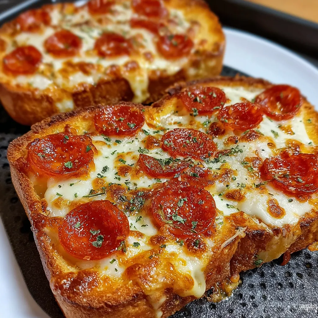 Air fryer Texas toast pizza topped with melted mozzarella, pepperoni, and fresh basil