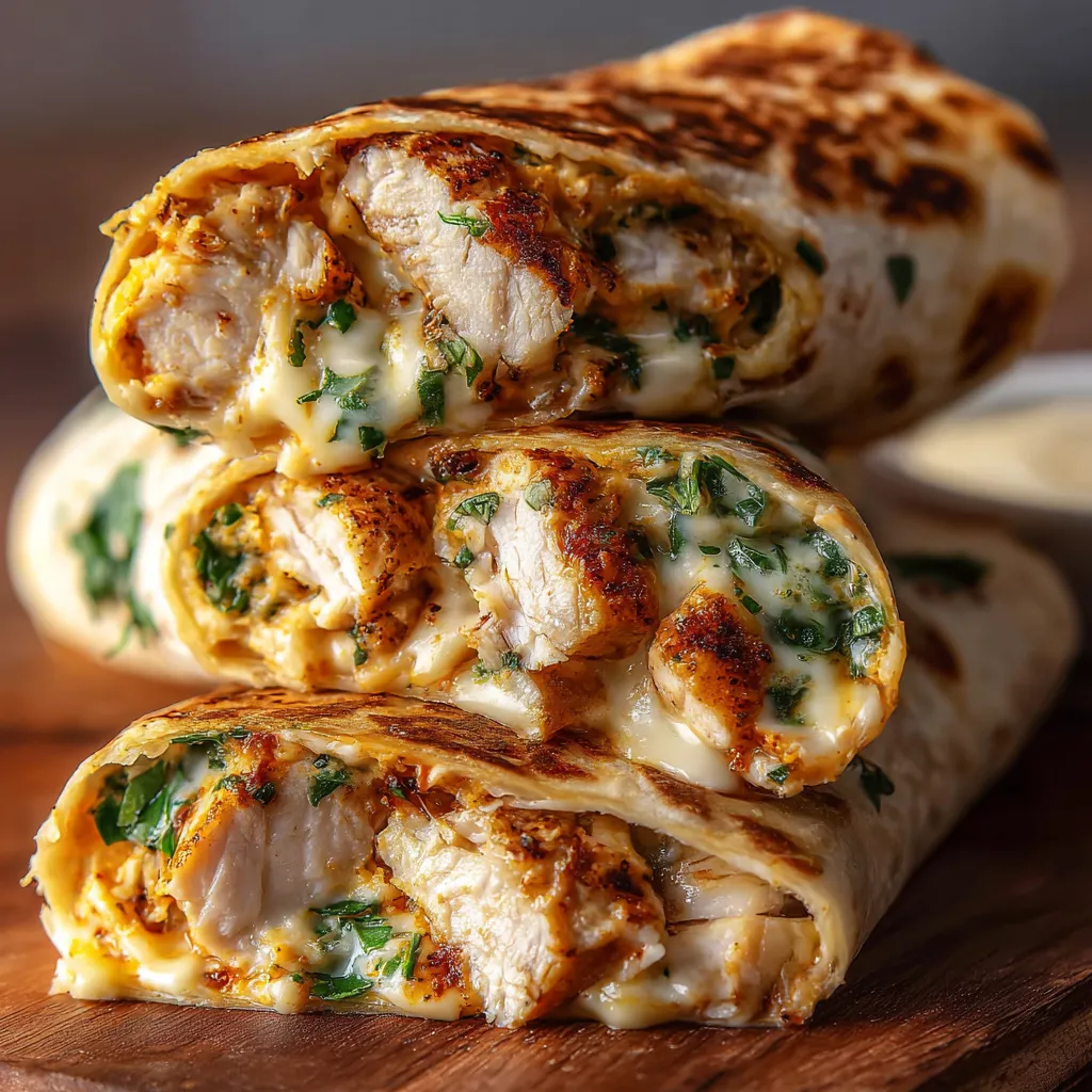 Cheesy garlic chicken wraps baked golden in tortillas, garnished with parsley.