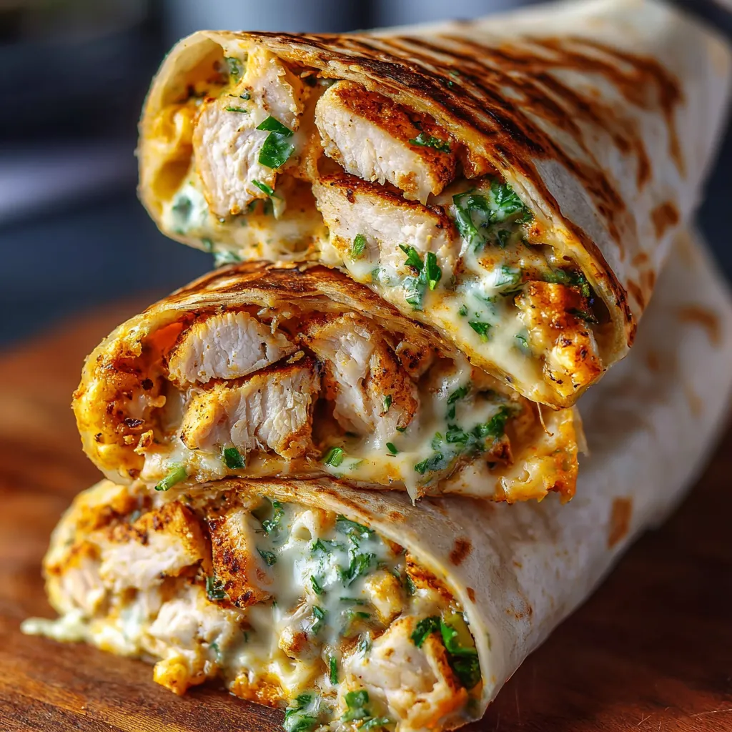 Cheesy garlic chicken wraps baked golden in tortillas, garnished with parsley.