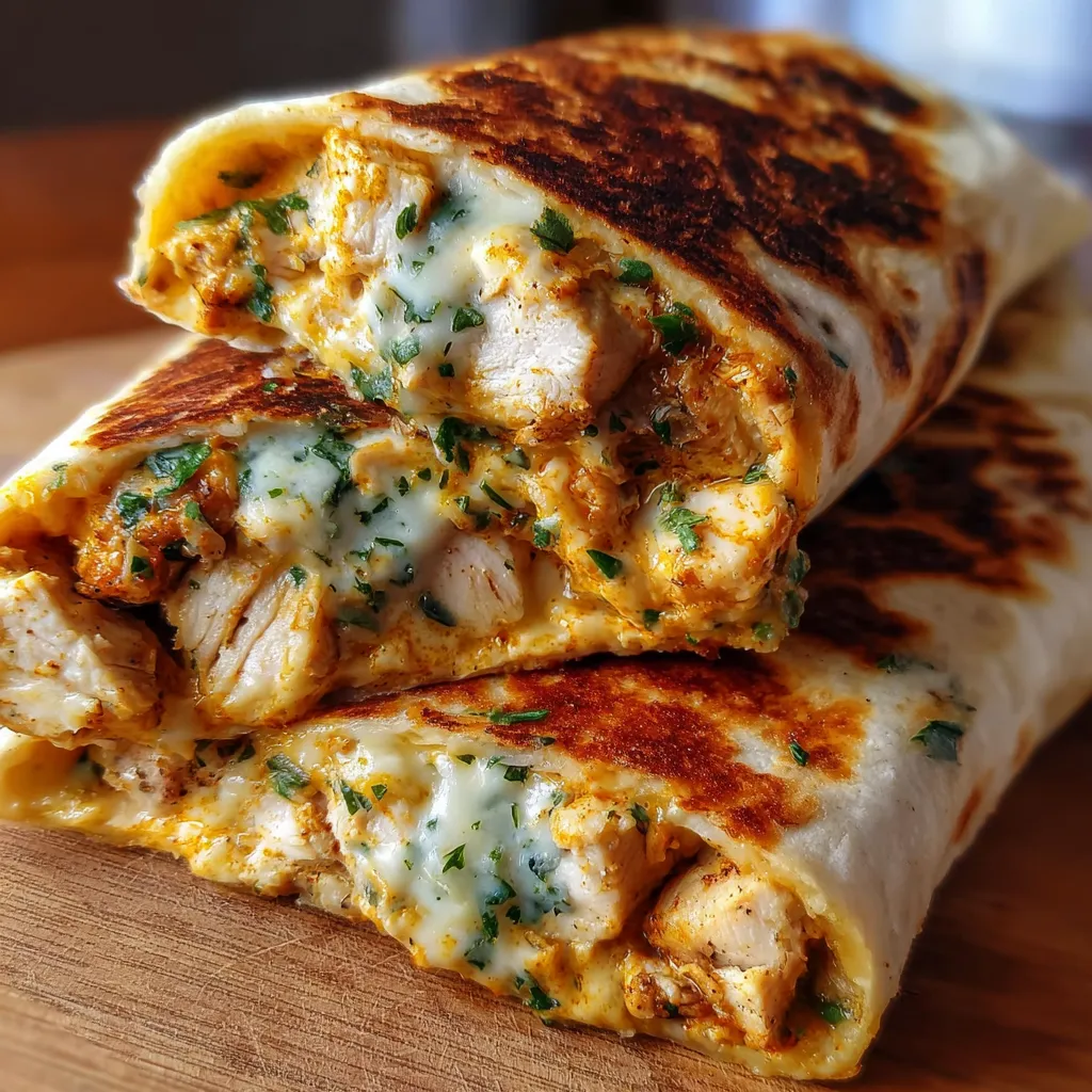 Cheesy garlic chicken wraps baked golden in tortillas, garnished with parsley.