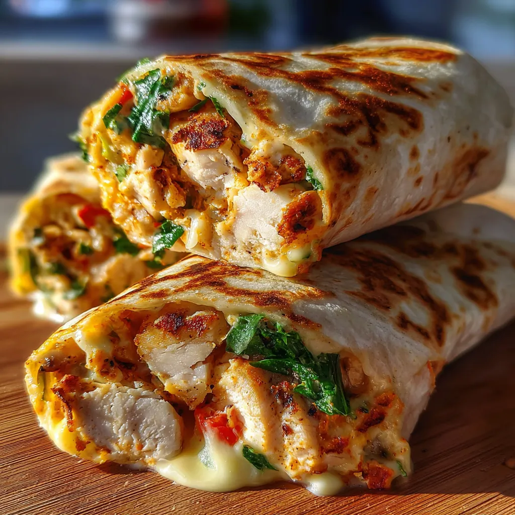 Cheesy garlic chicken wraps baked golden in tortillas, garnished with parsley.