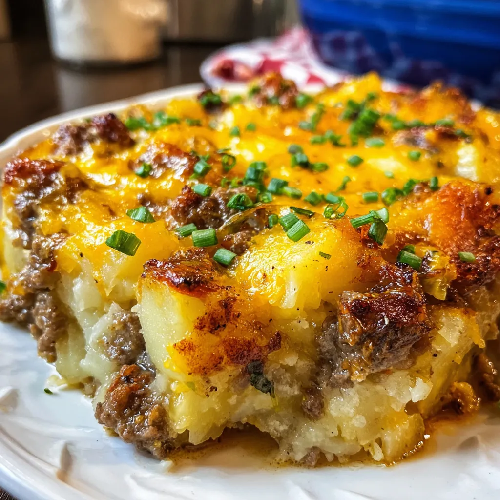Cheesy hamburger potato casserole with golden baked cheese topping in a white baking dish.