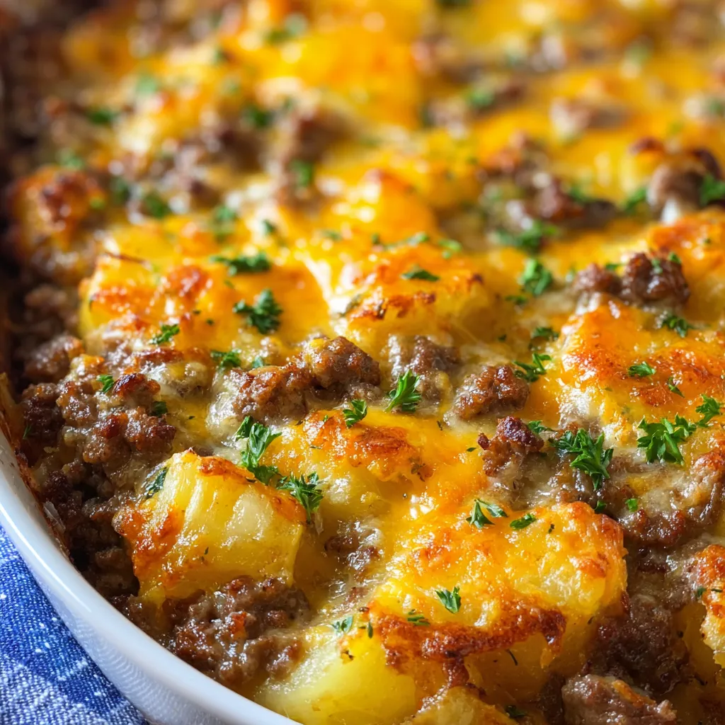 Cheesy hamburger potato casserole with golden baked cheese topping in a white baking dish.