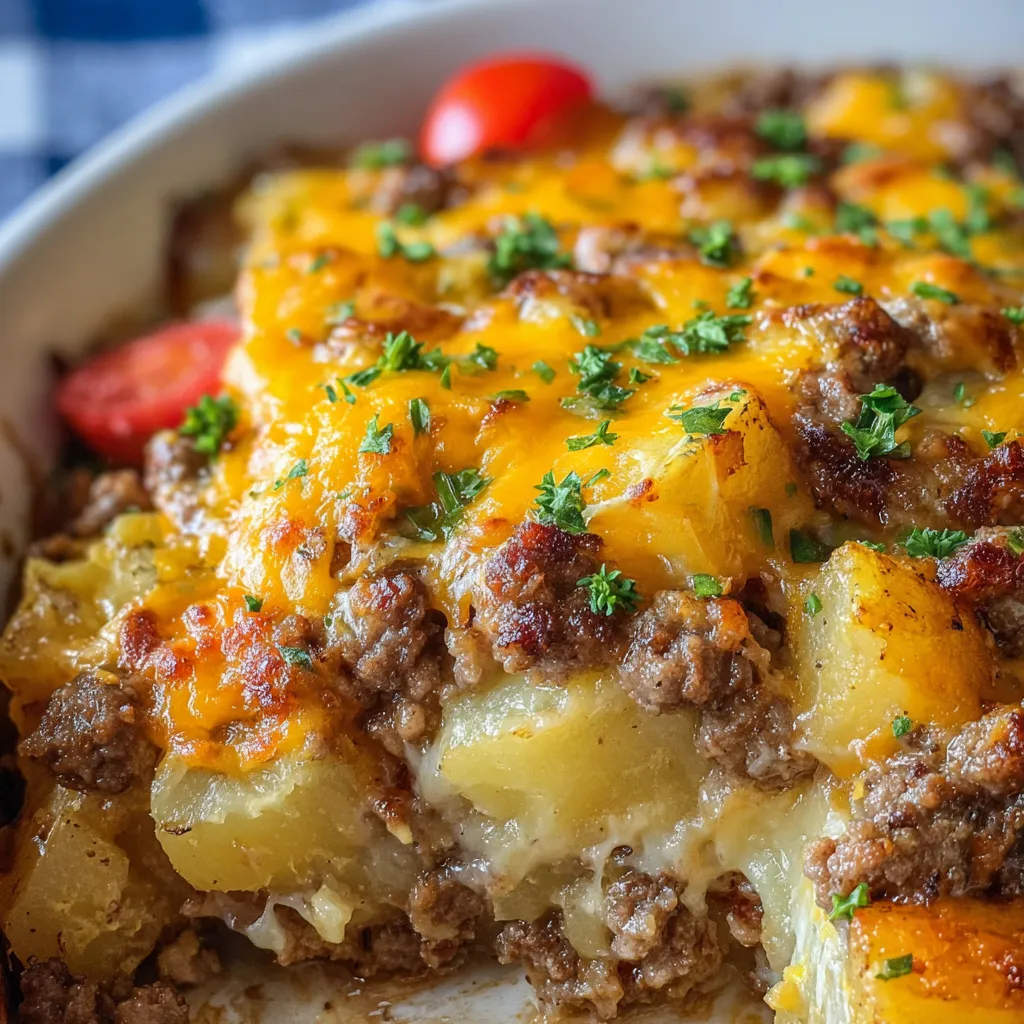 Cheesy hamburger potato casserole with golden baked cheese topping in a white baking dish.