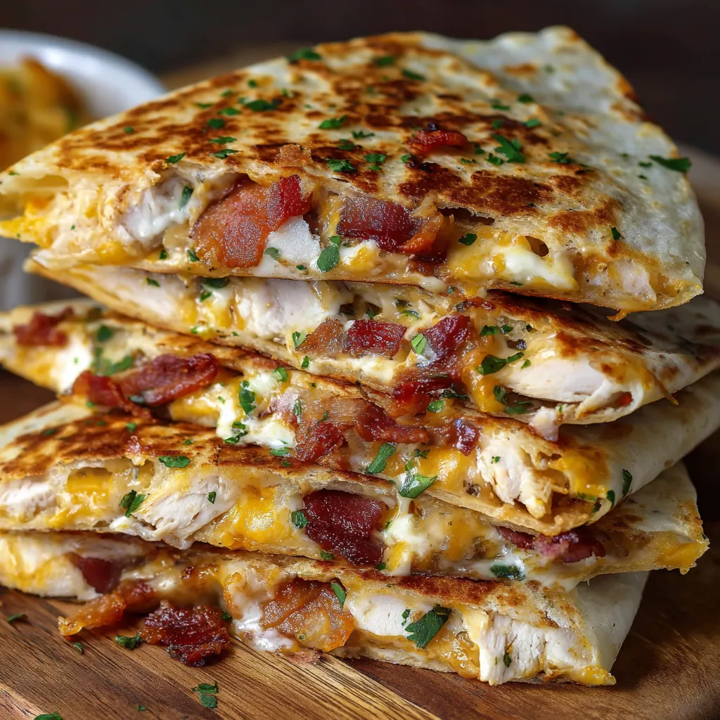 Chicken Ranch Quesadillas stacked on a plate with ranch dipping sauce
