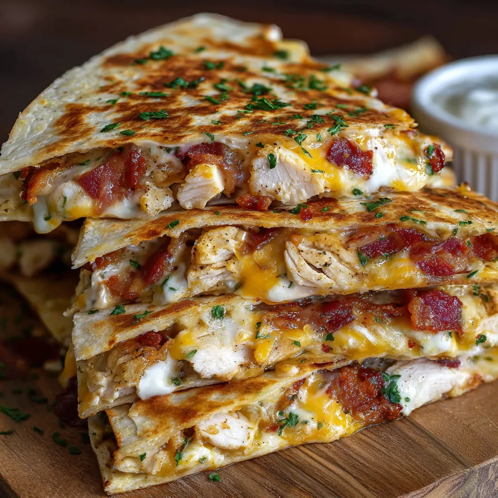 Chicken Ranch Quesadillas stacked on a plate with ranch dipping sauce