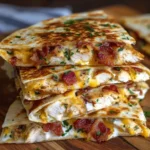 Chicken Ranch Quesadillas stacked on a plate with ranch dipping sauce