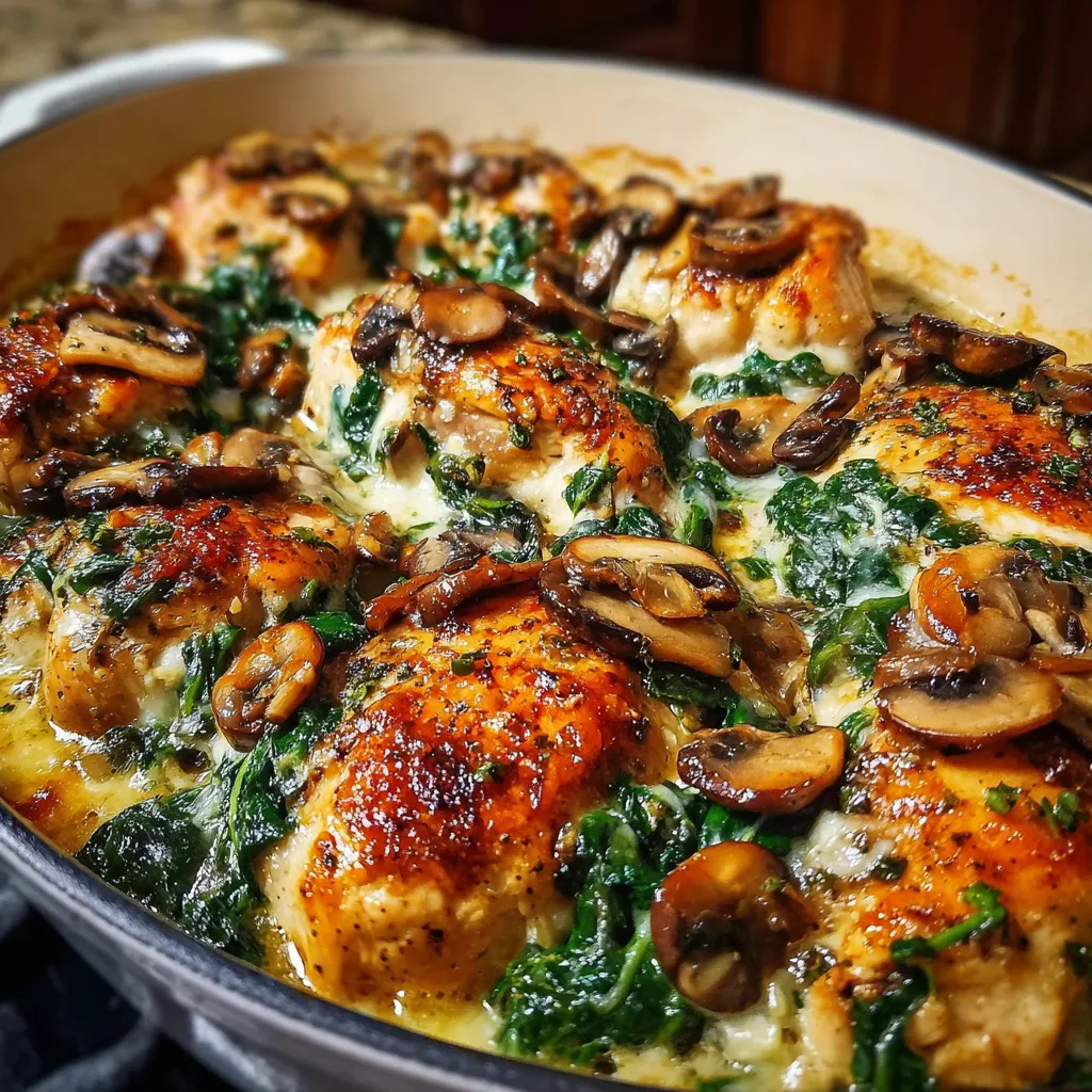 Low carb baked chicken with spinach, mushrooms, and creamy cheese sauce in a white casserole dish.