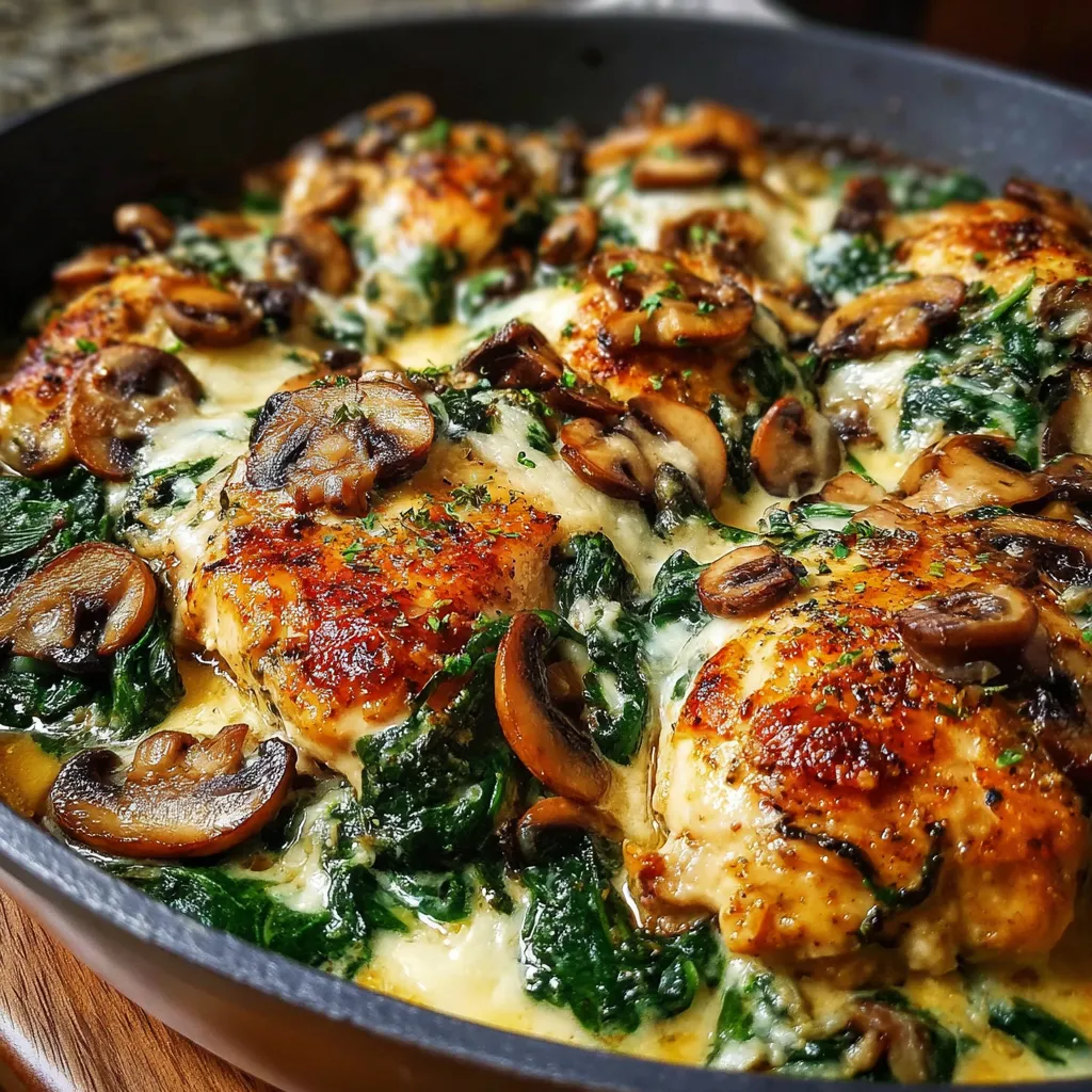 Low carb baked chicken with spinach, mushrooms, and creamy cheese sauce in a white casserole dish.