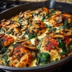 Low carb baked chicken with spinach, mushrooms, and creamy cheese sauce in a white casserole dish.