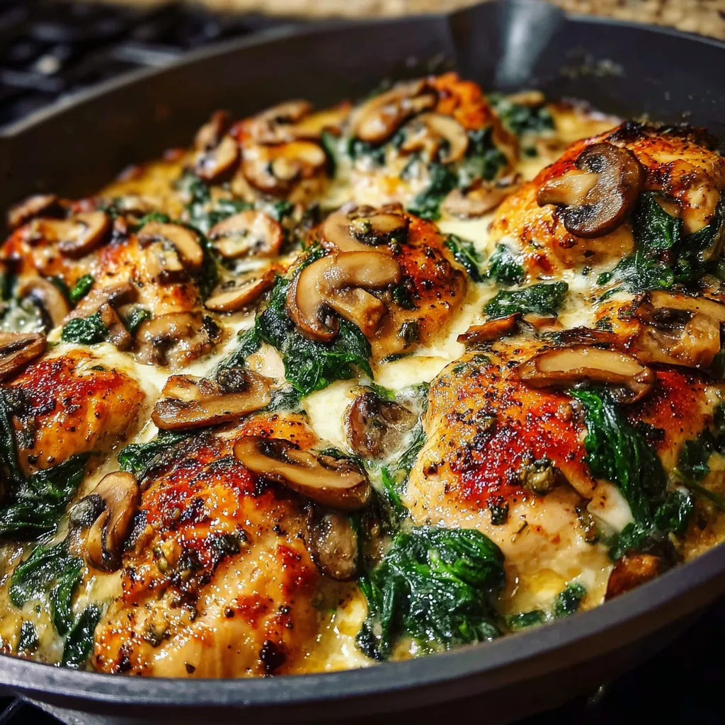 Low carb baked chicken with spinach, mushrooms, and creamy cheese sauce in a white casserole dish.