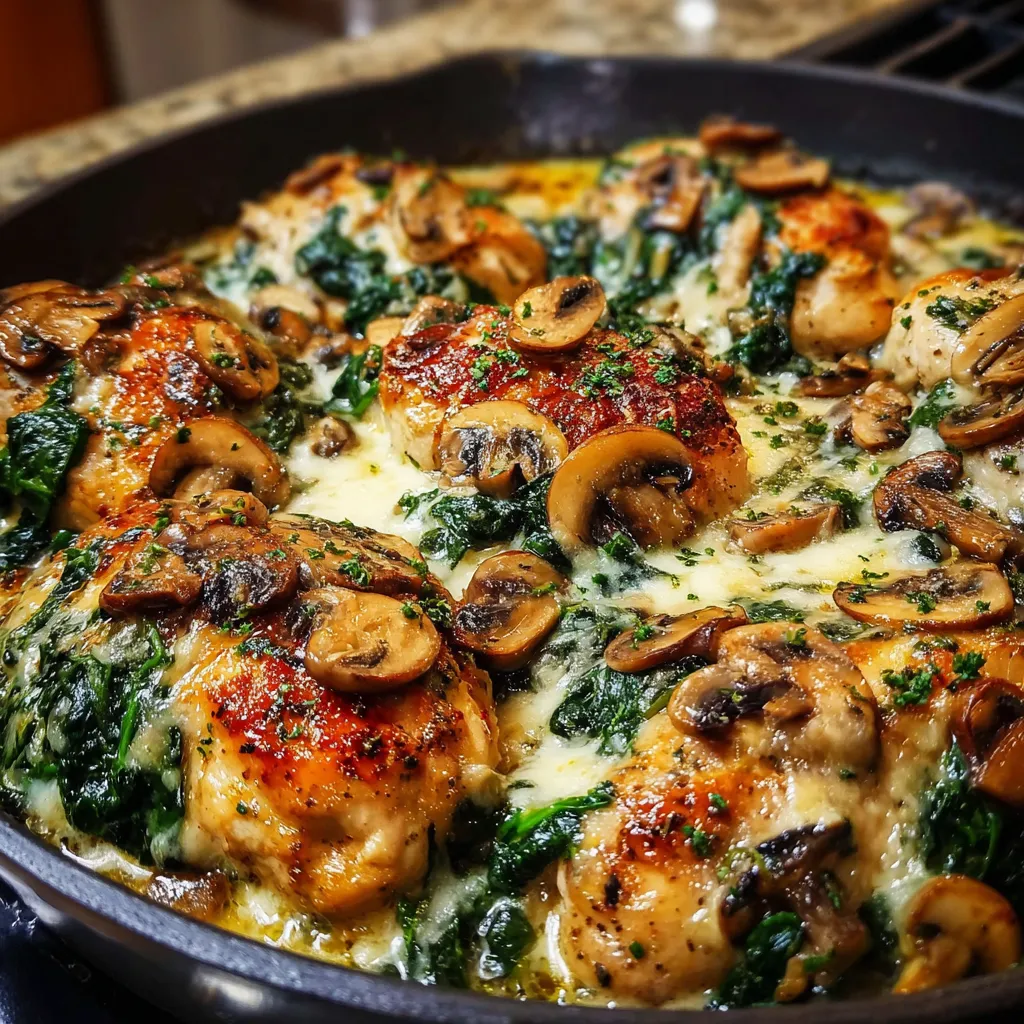 Low carb baked chicken with spinach, mushrooms, and creamy cheese sauce in a white casserole dish.