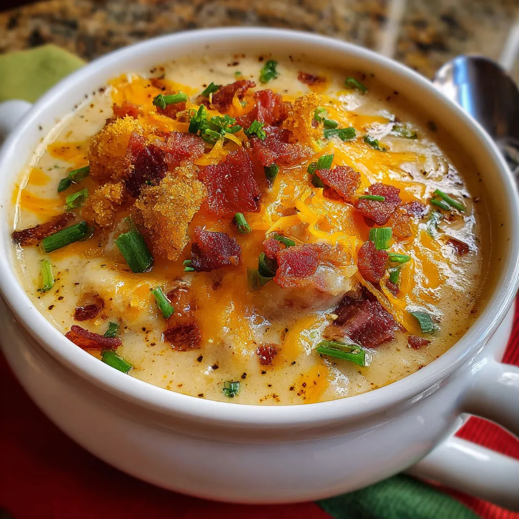 Bowl of creamy Copycat Outback Baked Potato Soup topped with cheese, bacon, and green onions.
