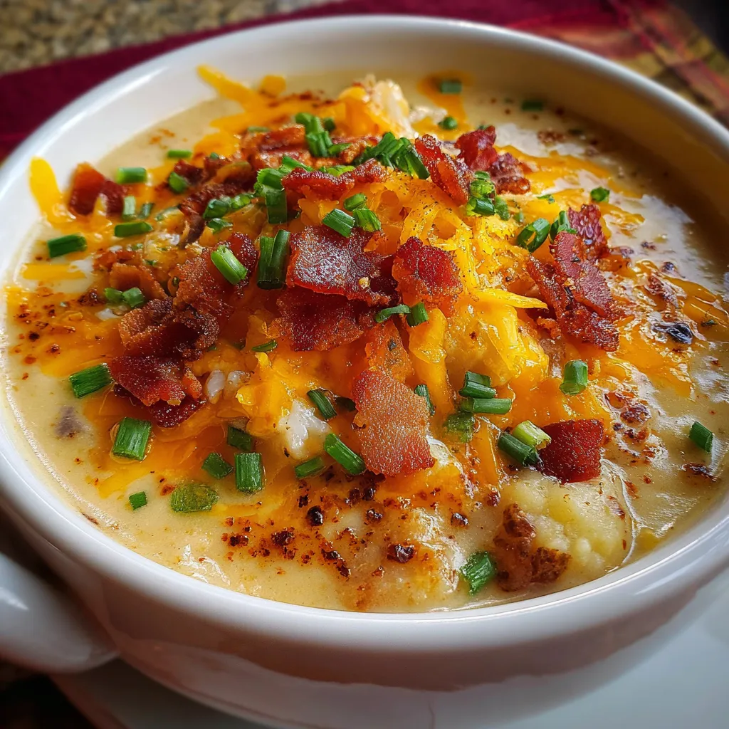 Bowl of creamy Copycat Outback Baked Potato Soup topped with cheese, bacon, and green onions.